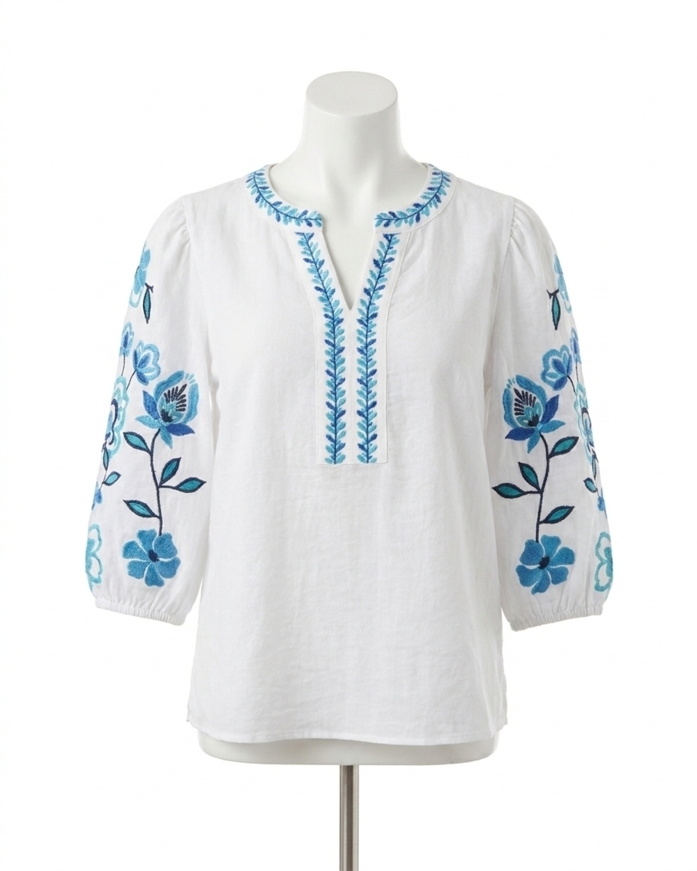 NEW MULTIPLES 3/4 puff sleeve embroidered top in white